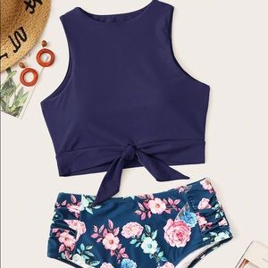 Small Knotted Navy & Floral Bikini NWOT
